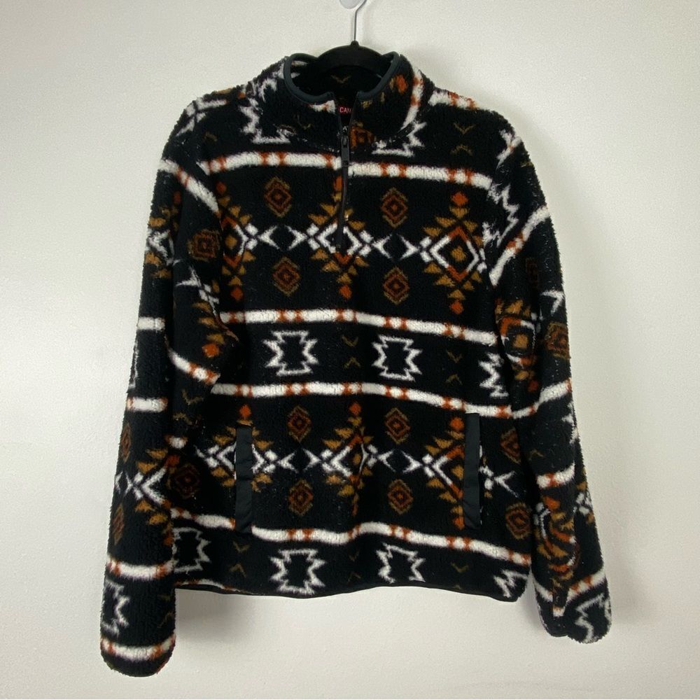 Canada Weather Gear Womens XL Black 1/4 Zip Sherpa Sweatshirt Aztec Tribal Comfy